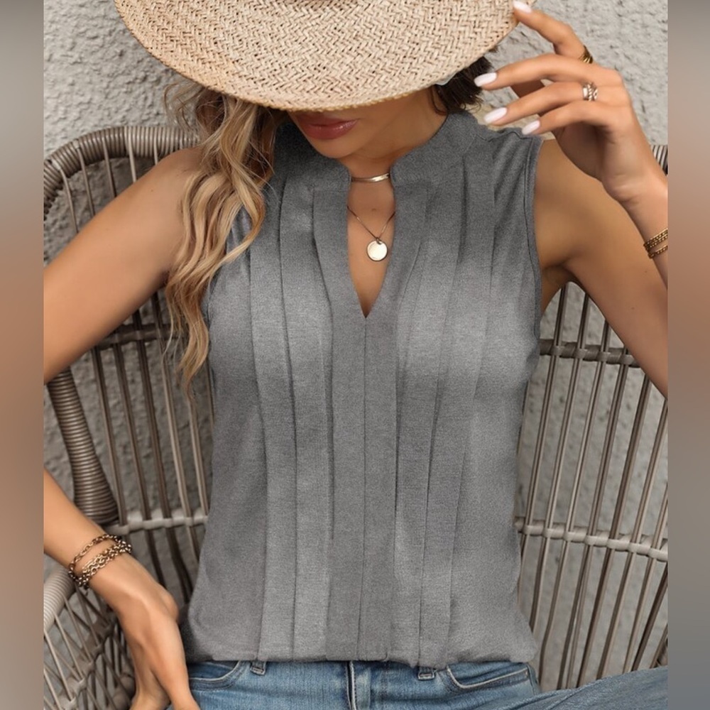 Gray Pleated Front Split Neck Sleeveless Top Multiple Sizes NEW